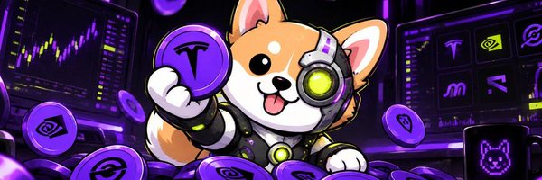 StockDog holding a purple stock coin in a futuristic trading room